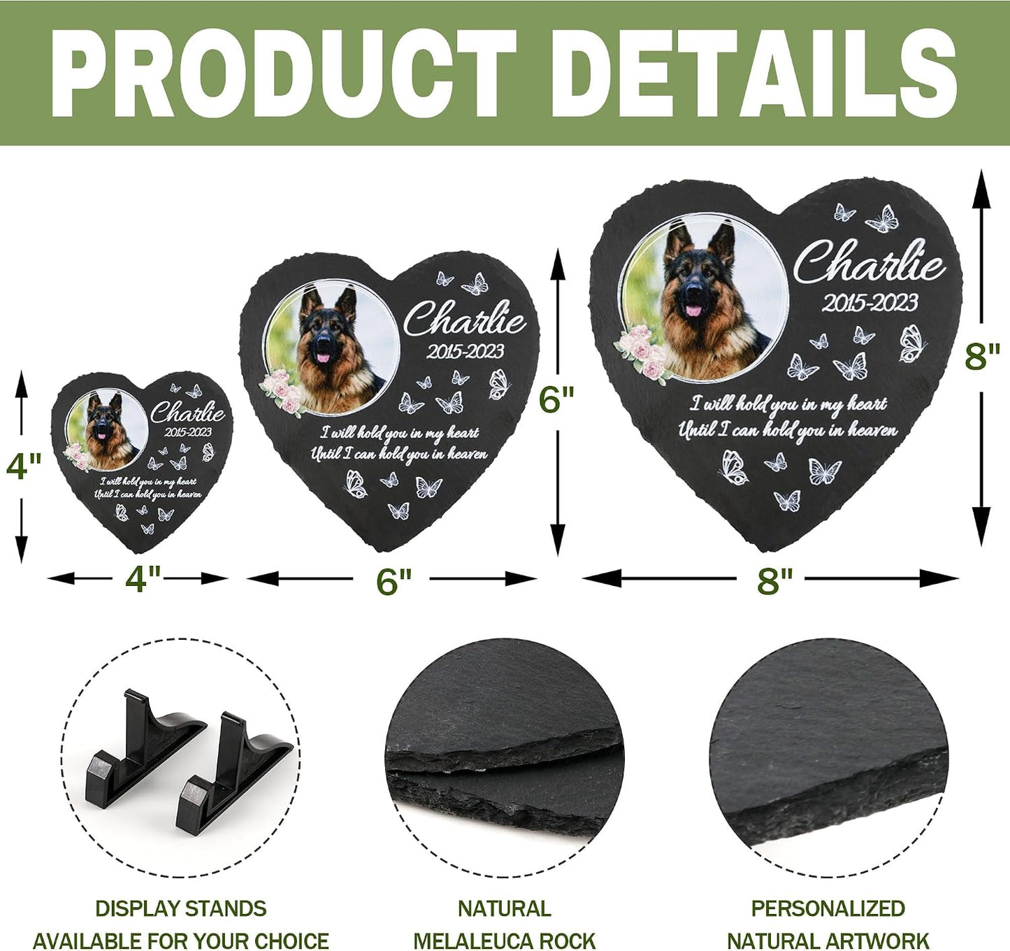 Heart shaped Odb dog memorial stone on display shelf