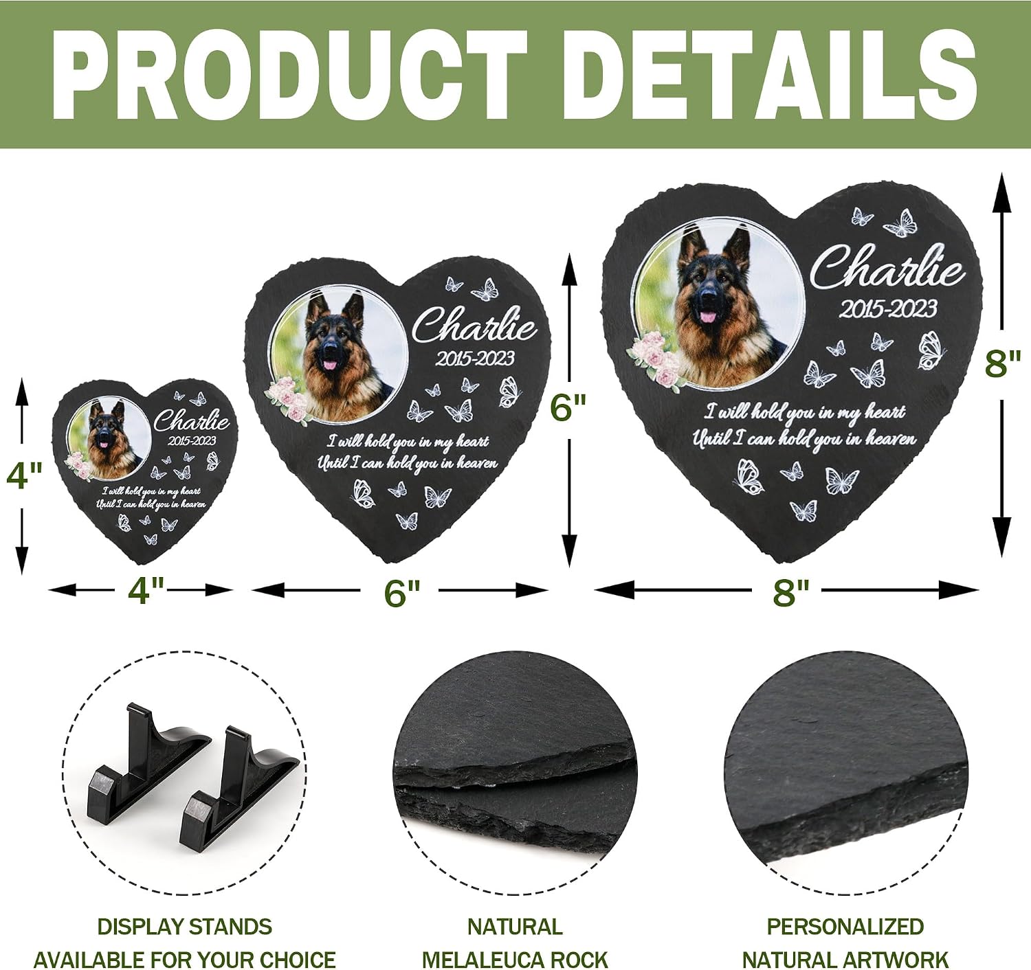 Heart shaped Odb dog memorial stone on display shelf