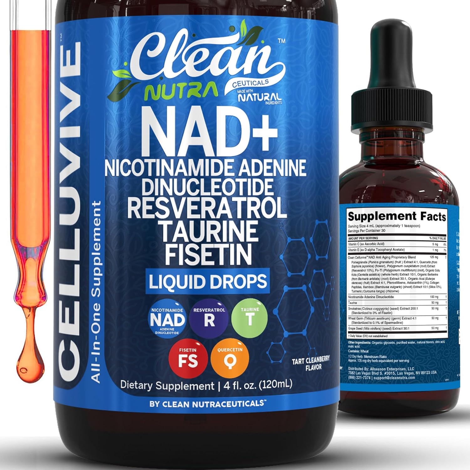 Liposomal NAD and resveratrol liquid drops for advanced cellular energy and anti aging.