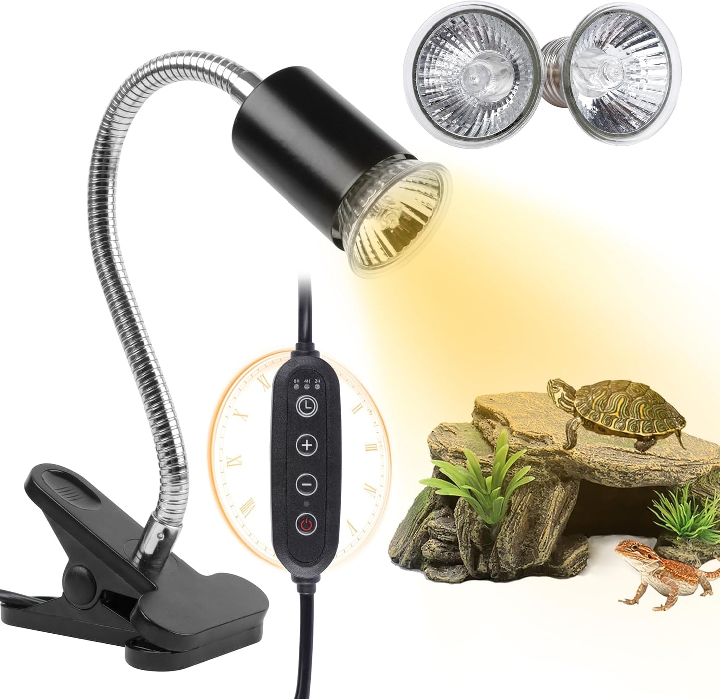 REPTI HOME turtle basking light front view showing clamp and dual bulb packaging for reptile terrariums.