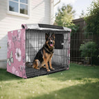 Collapsible lightweight pink dog crate canopy fully extended over metal wire cage