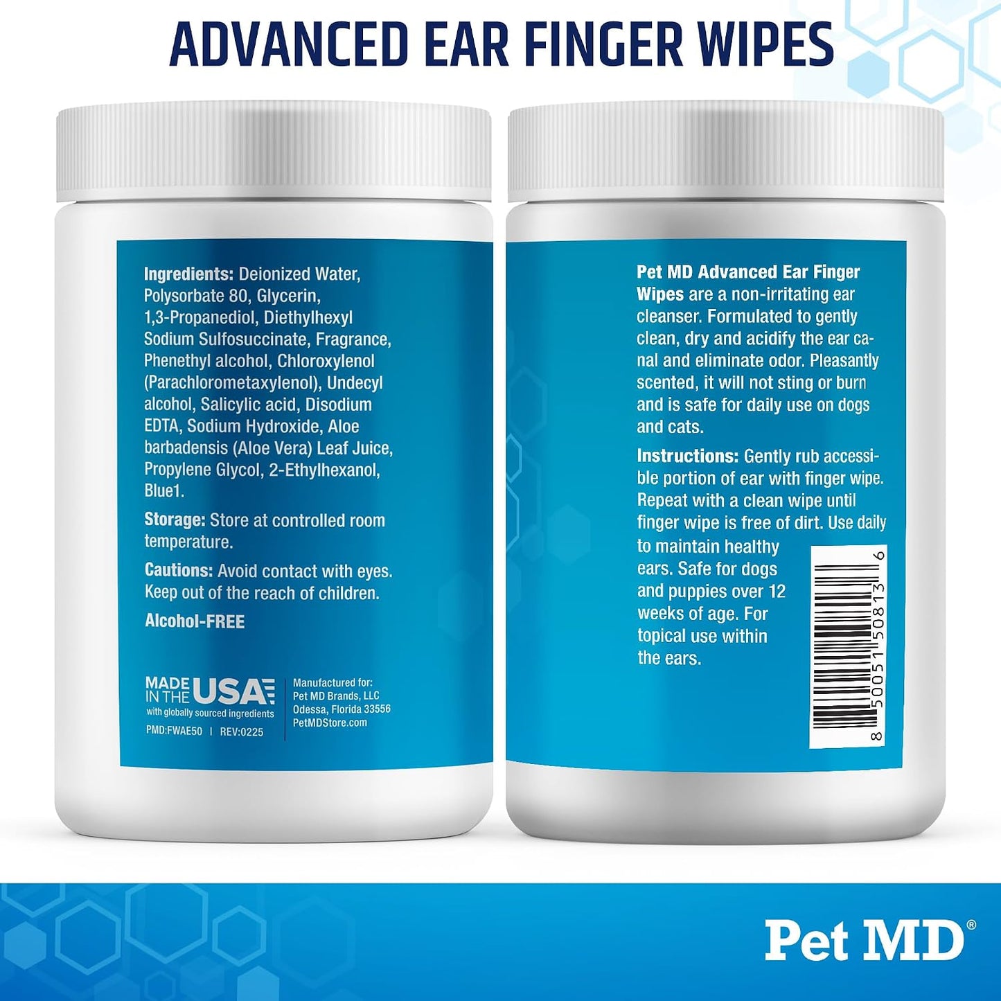 Pet MD ear wipes container with lid open and wipes visible