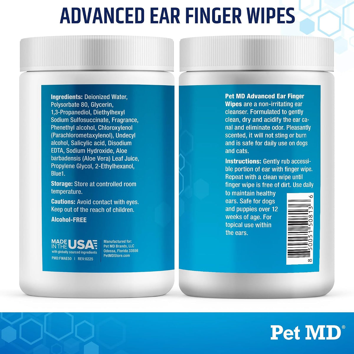 Pet MD ear wipes container with lid open and wipes visible