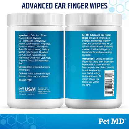 Pet MD ear wipes container with lid open and wipes visible