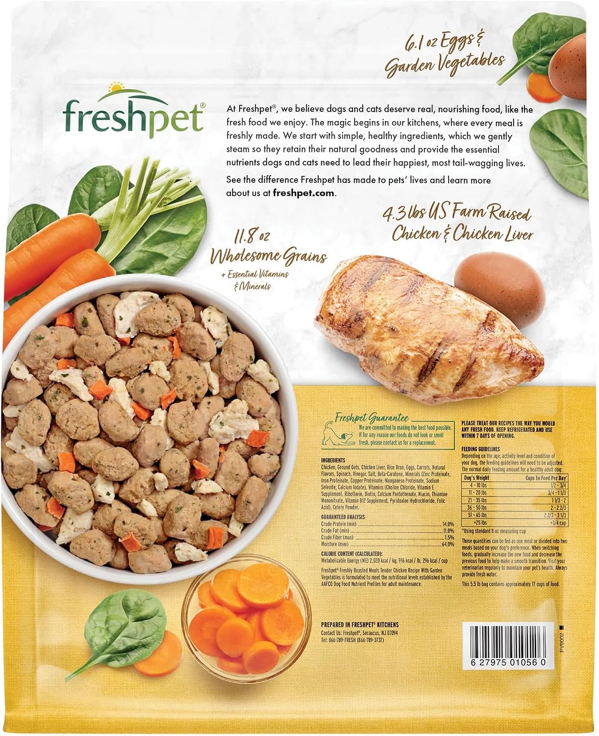 Freshpet dog food bag showing chicken carrots and spinach ingredients