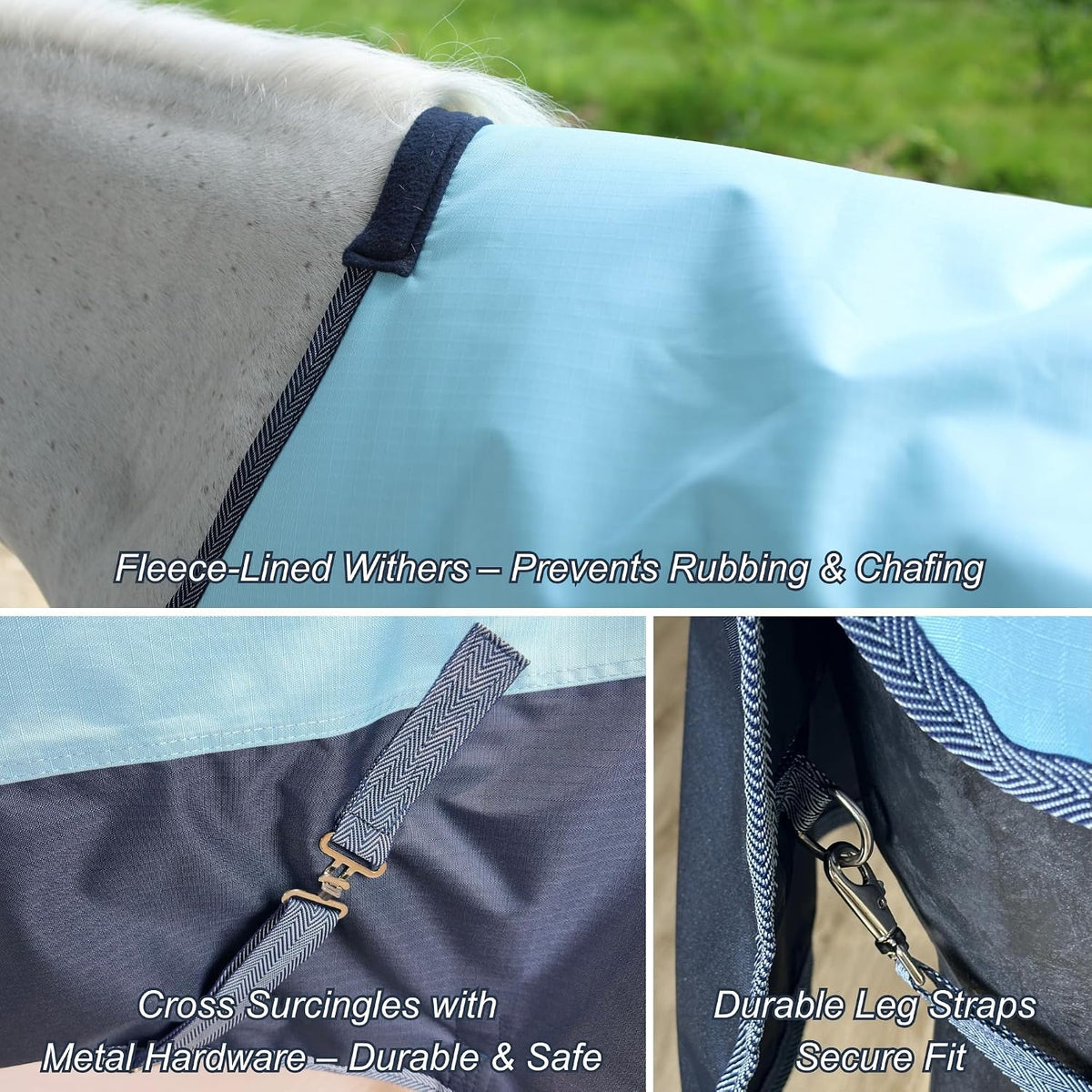 Detail of chest buckles on waterproof horse blanket