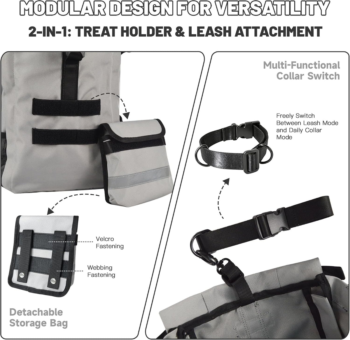 TOPDADA gray dog carrier backpack showcasing tear resistant lining and floof guard system