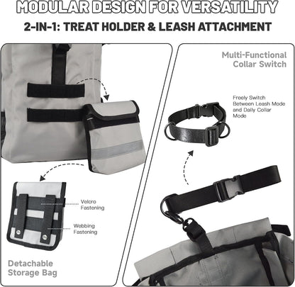 TOPDADA gray dog carrier backpack showcasing tear resistant lining and floof guard system