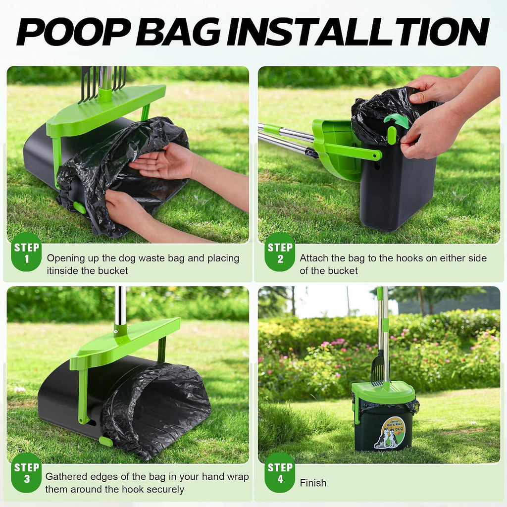 Side clips holding the replacement trash bag securely on the pet scooper bin