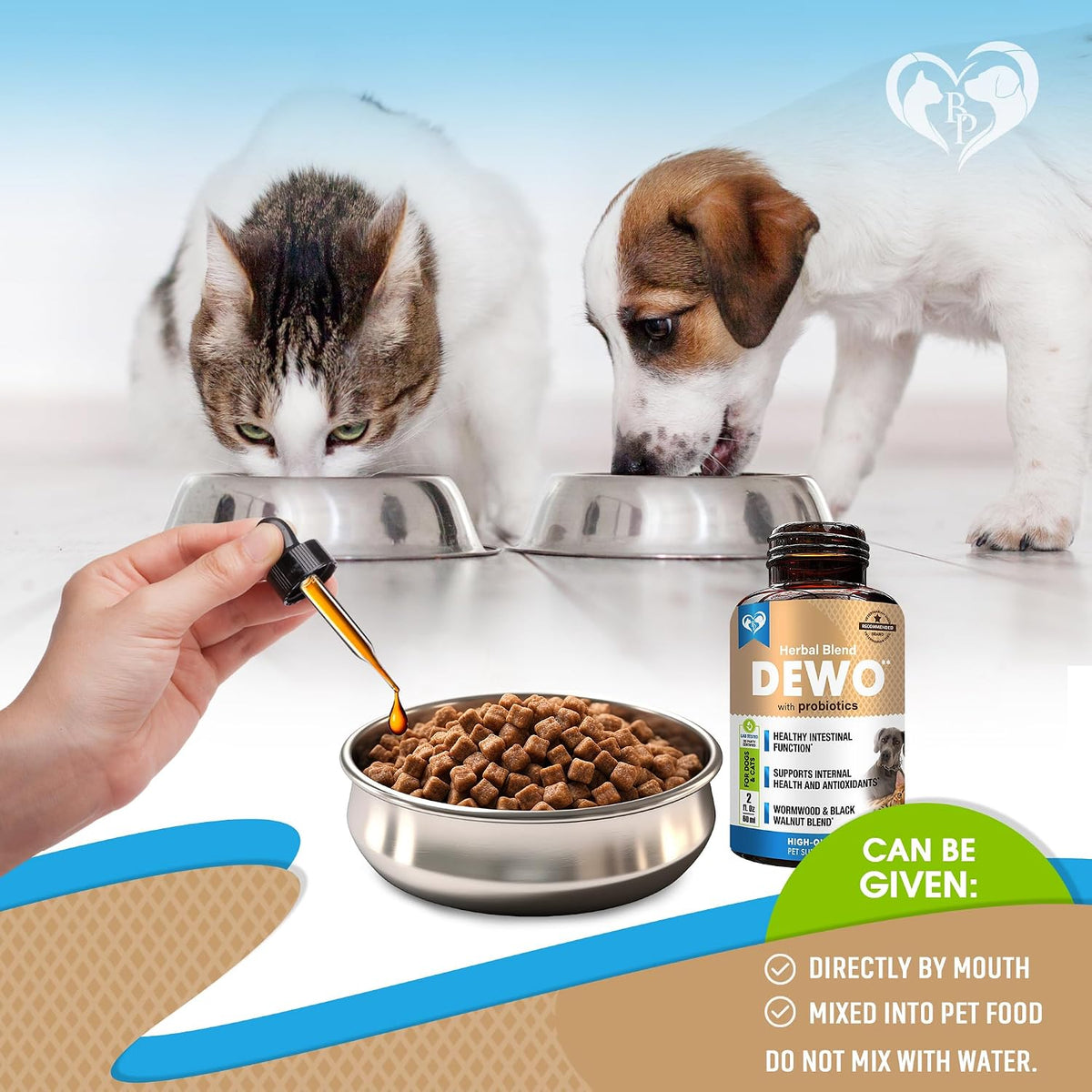 Beloved Pets natural gut supplement alongside dog and cat illustrations indicating multi-pet suitability.