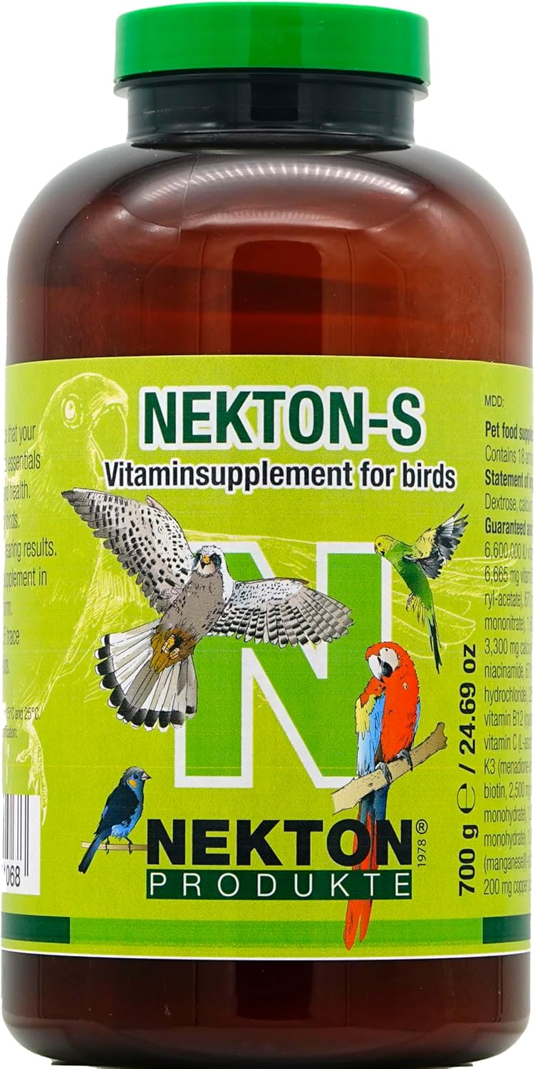 Nekton-S multi-vitamin for all ornamental bird species displaying product barcode and manufacturing details