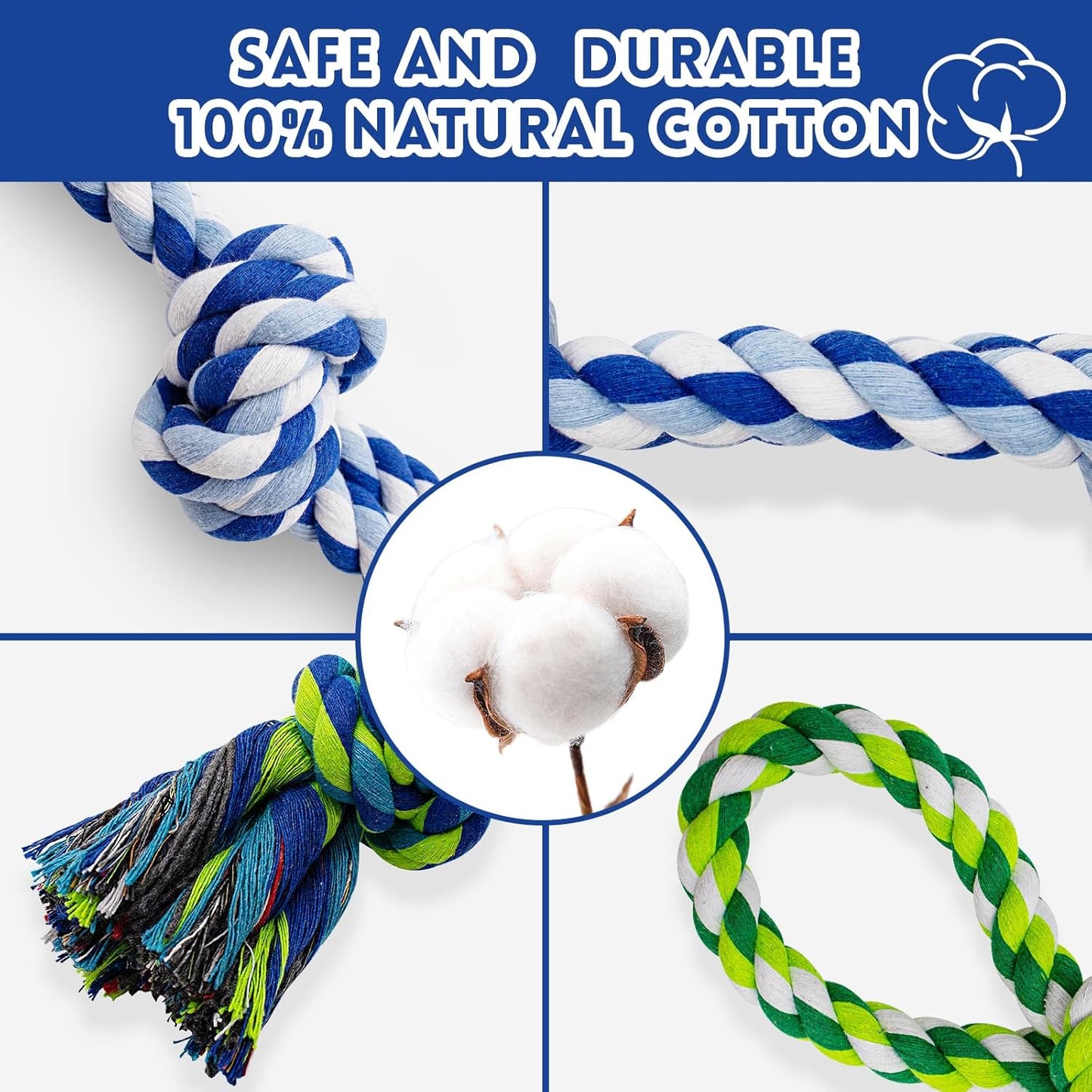 Thick natural cotton fiber dog chew toy close up displaying the durable woven construction