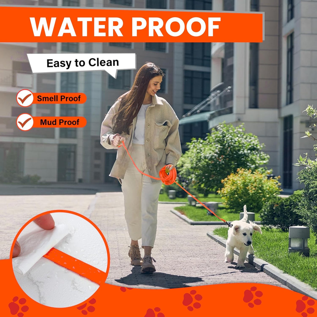 Loutep orange waterproof dog lead laid out showing sixteen feet length extension