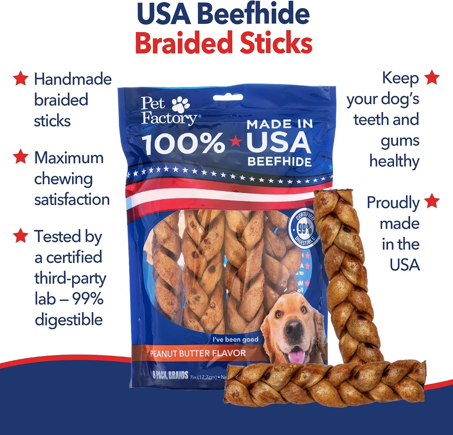 Pack of two Pet Factory seven inch dog chew sticks showing nutritional label and ingredients