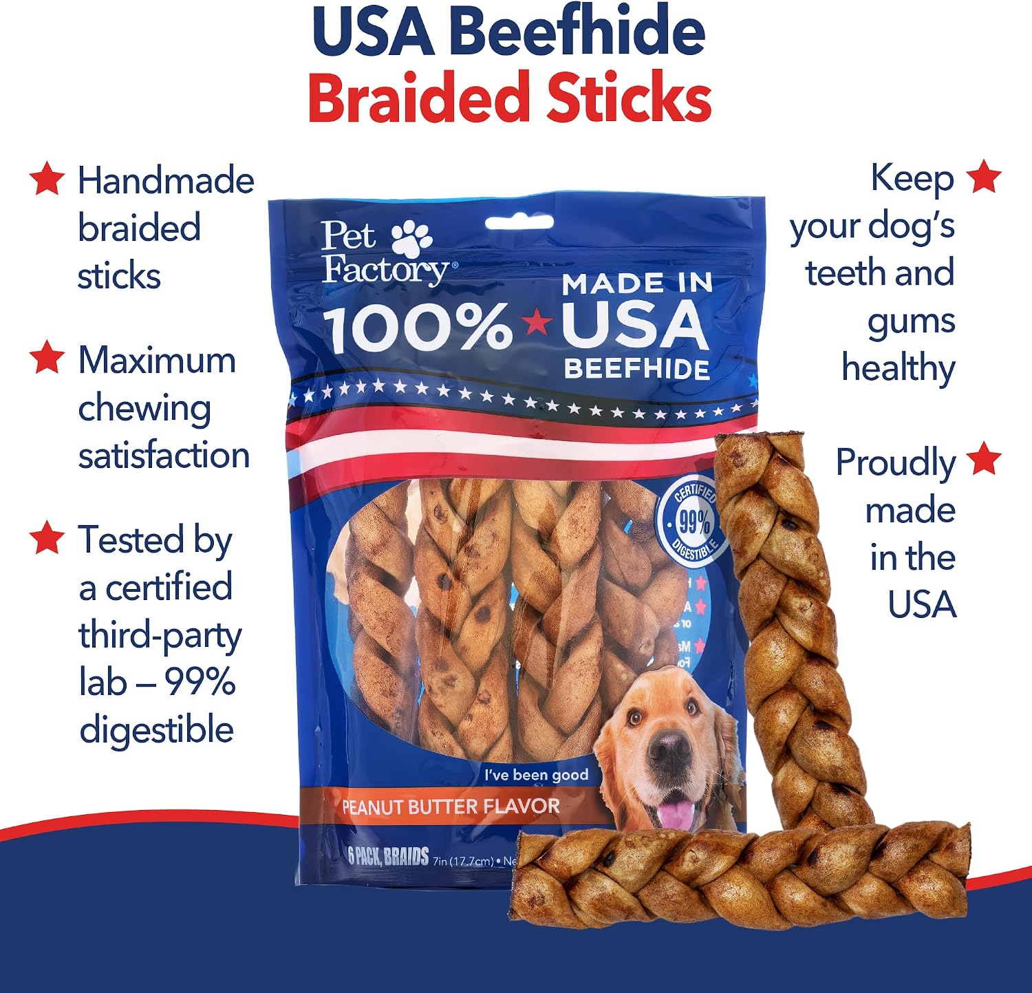 Pack of two Pet Factory seven inch dog chew sticks showing nutritional label and ingredients