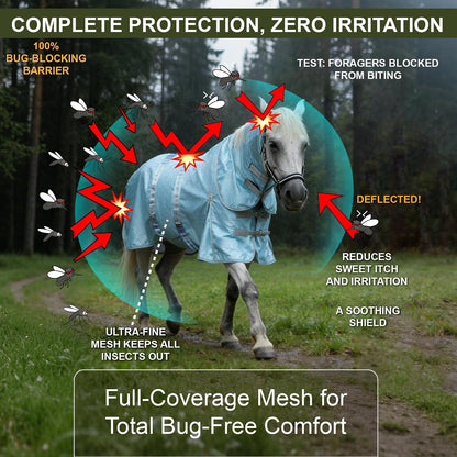 Gallopoff sweet itch protection sheet emphasizing the deep shoulder gussets for movement.