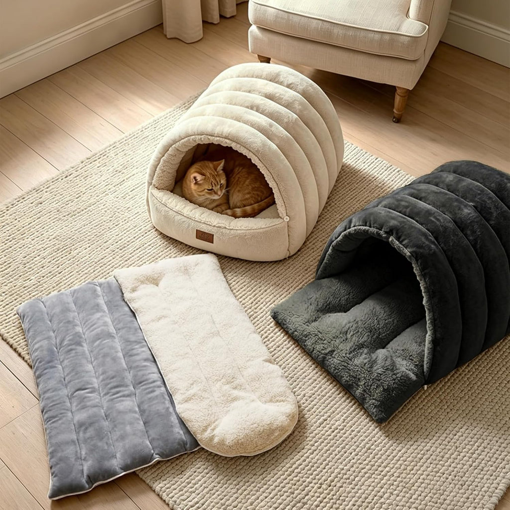 Small dog sleeping on Noocyarn flat pet mat