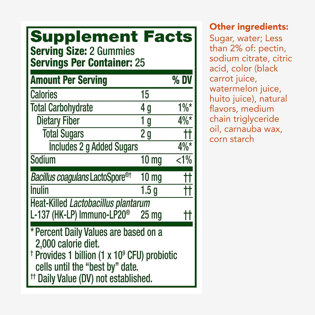 Align Probiotic 3-In-1 Biotic Gummies dietary features and count