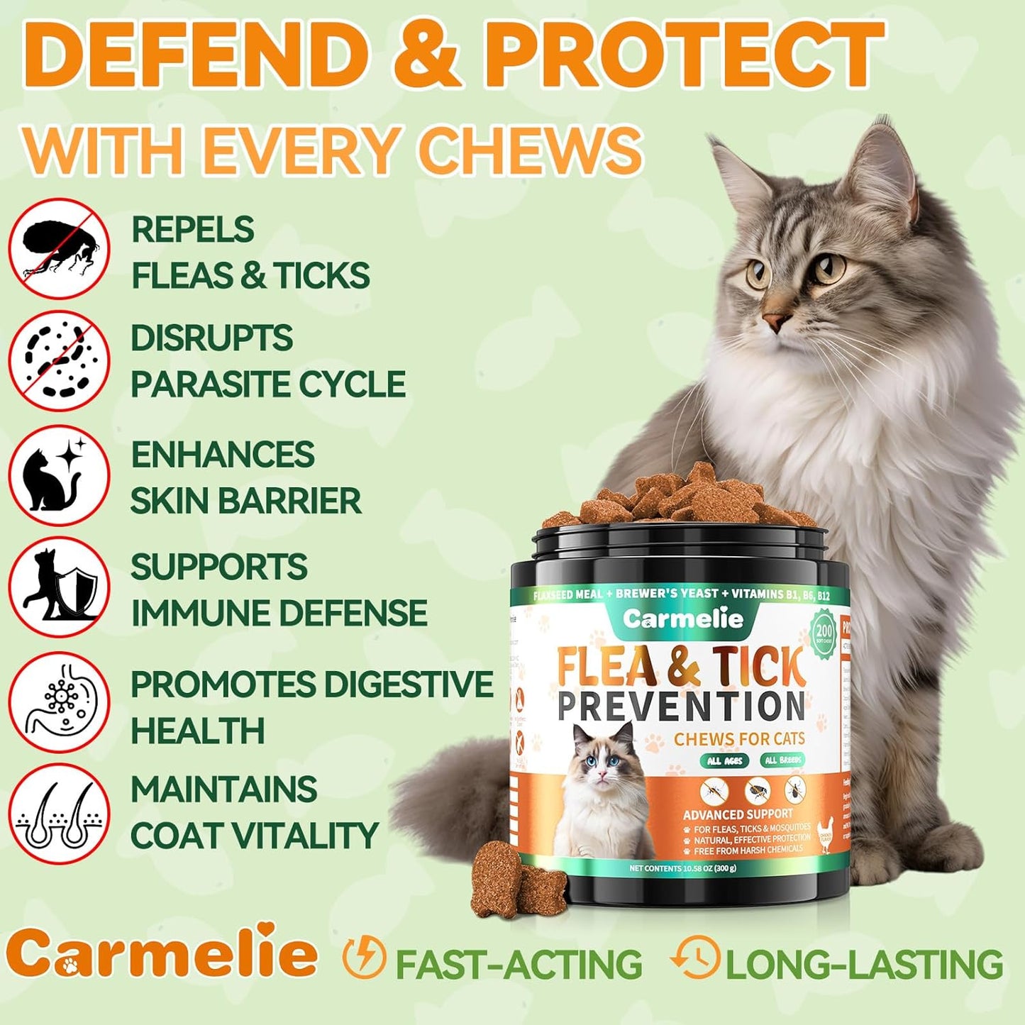 Carmelie natural cat flea treatment chicken flavor soft chews jar close up