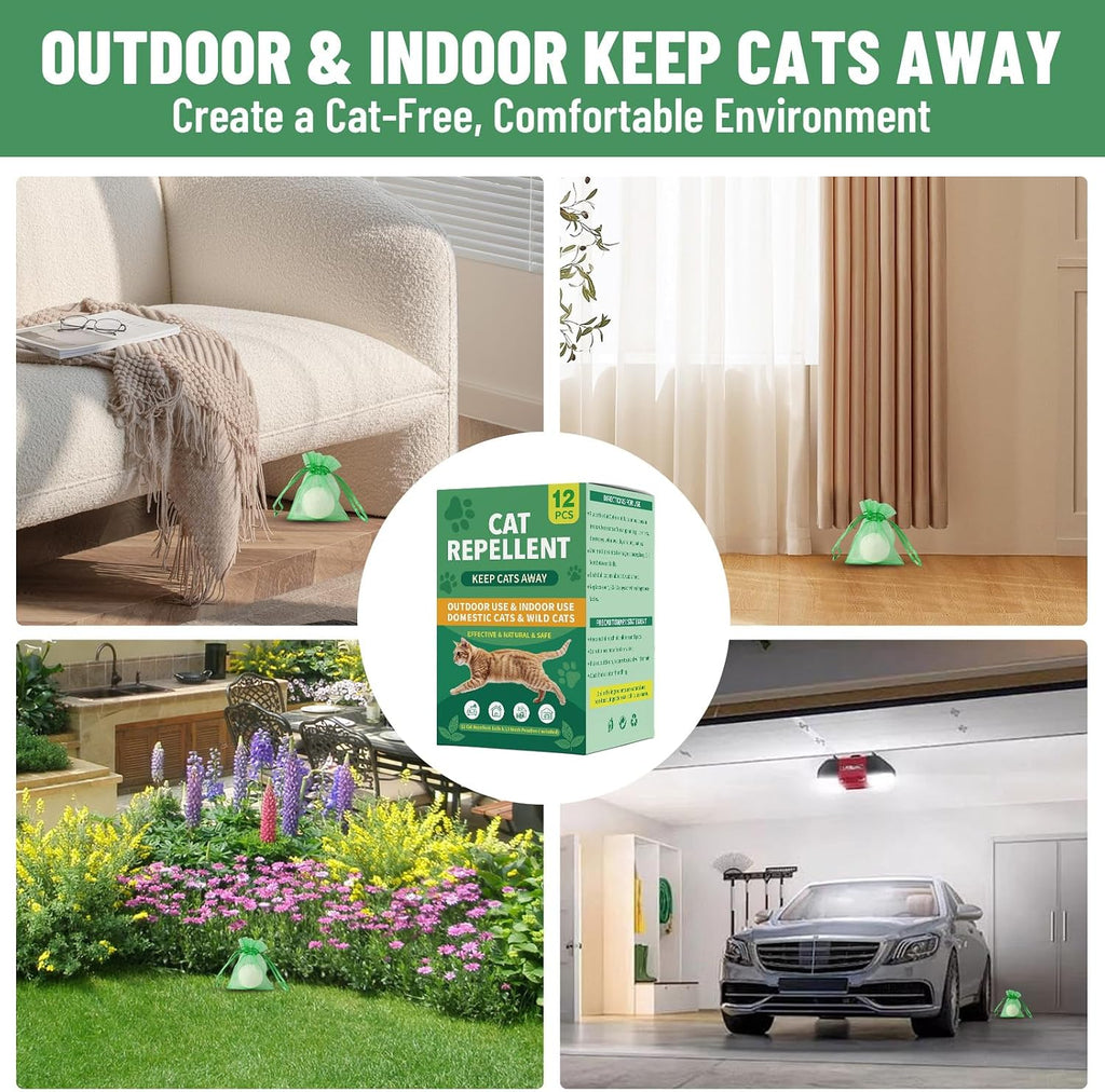 Natural peppermint oil cat repellent solid balls displayed alongside botanical ingredients for home protection.