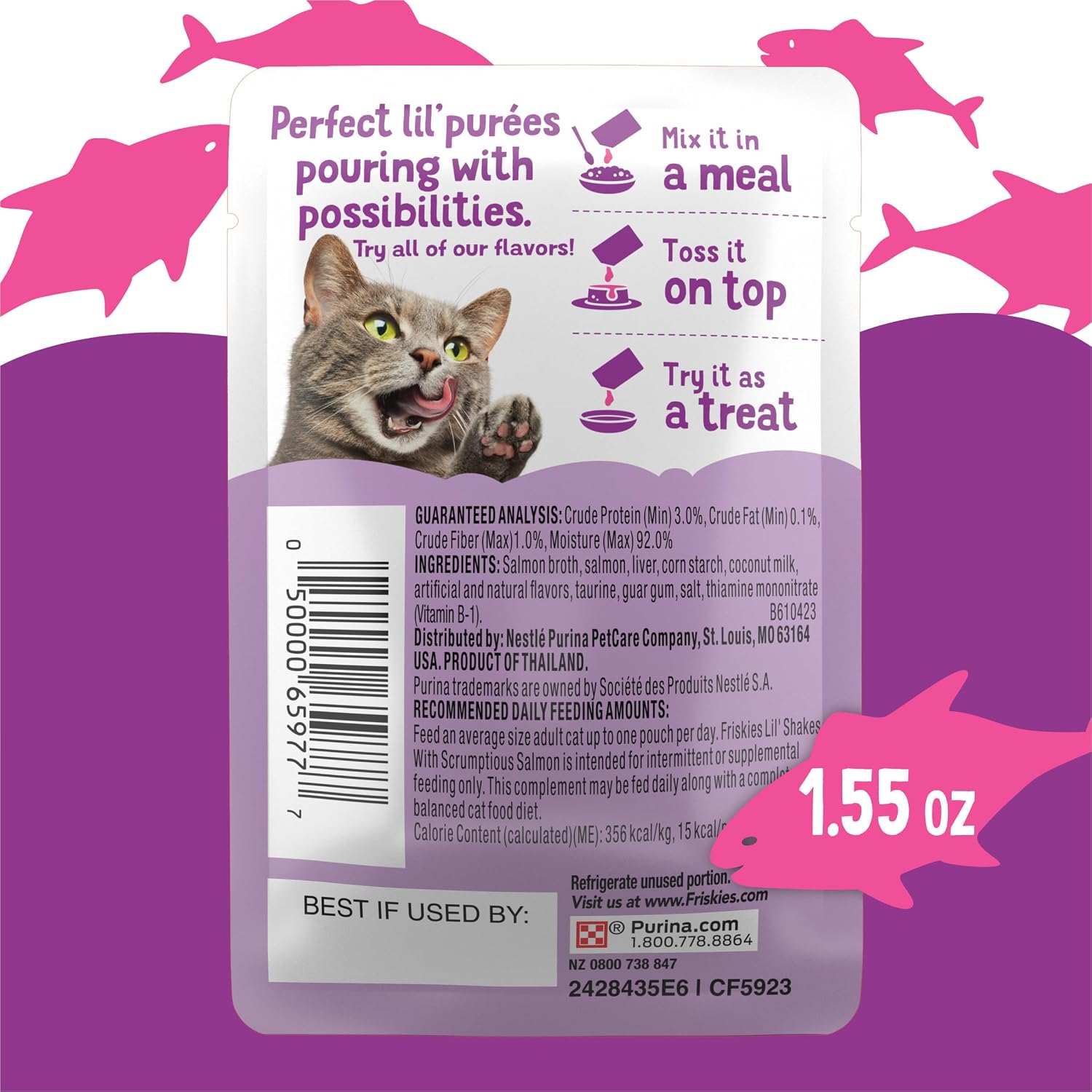 Friskies Lil Shakes sixteen count carton packaging details back