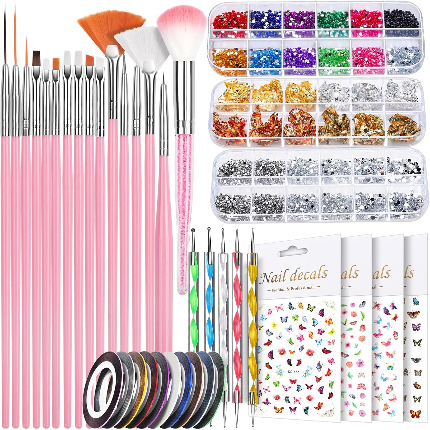 Teenitor Nail Art Brushes Set front view showing fifteen pink brushes and dotting tools.