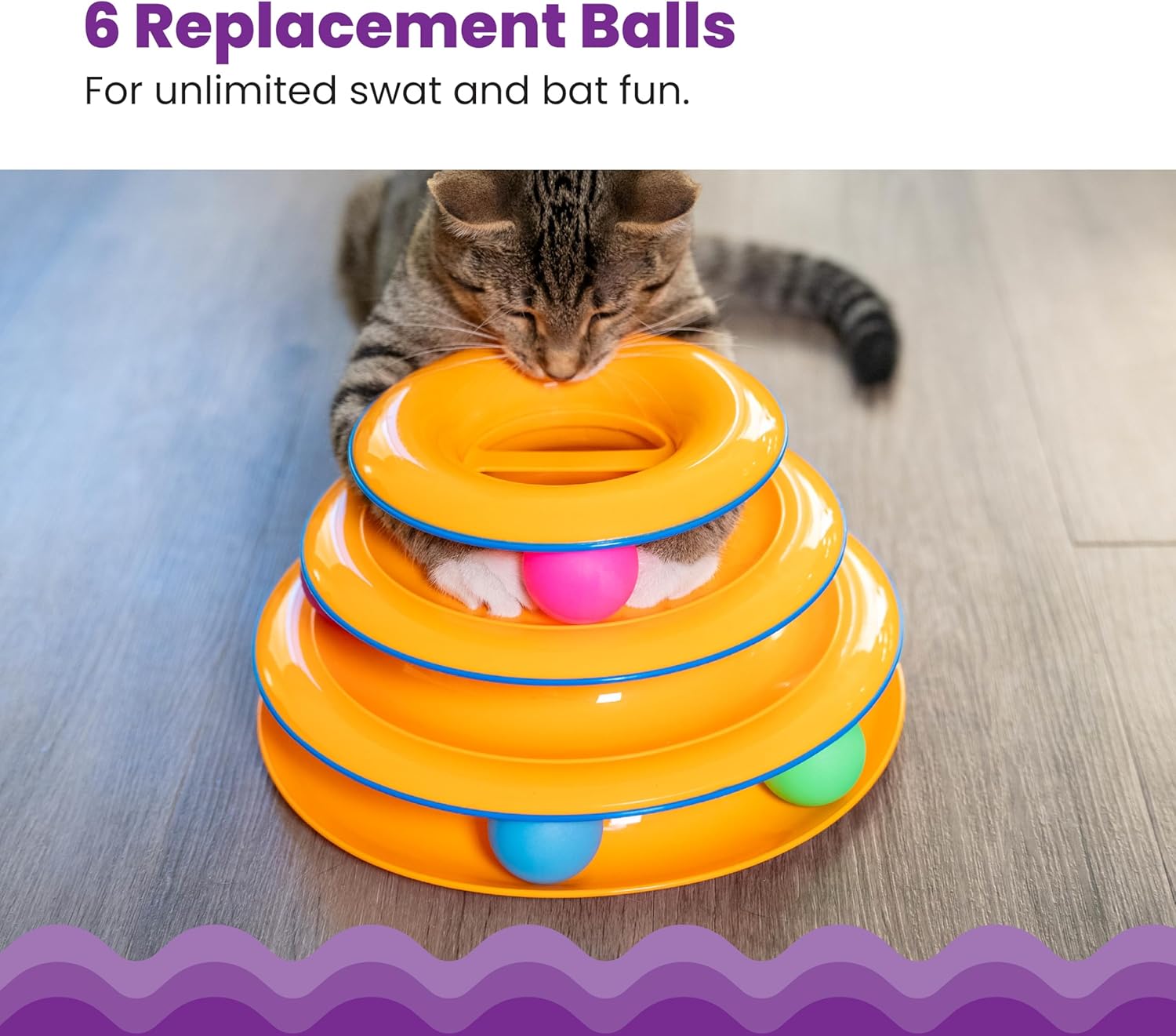 Six pack of Catstages lightweight ping pong style balls for indoor feline tracking toys.
