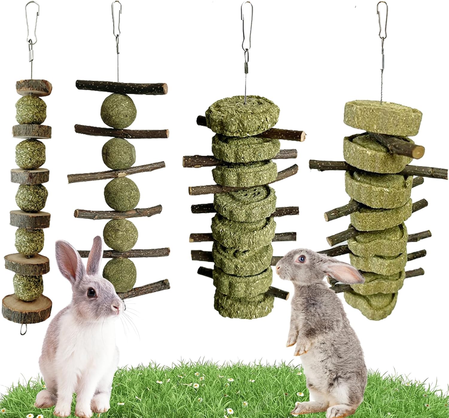 LWINGFLYER 4 Pack Bunny Chew Toys front view showcasing apple wood sticks and grass cakes.