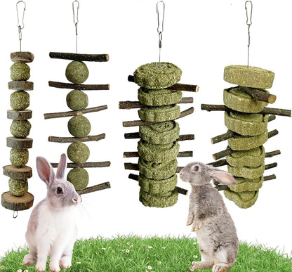 LWINGFLYER 4 Pack Bunny Chew Toys front view showcasing apple wood sticks and grass cakes.