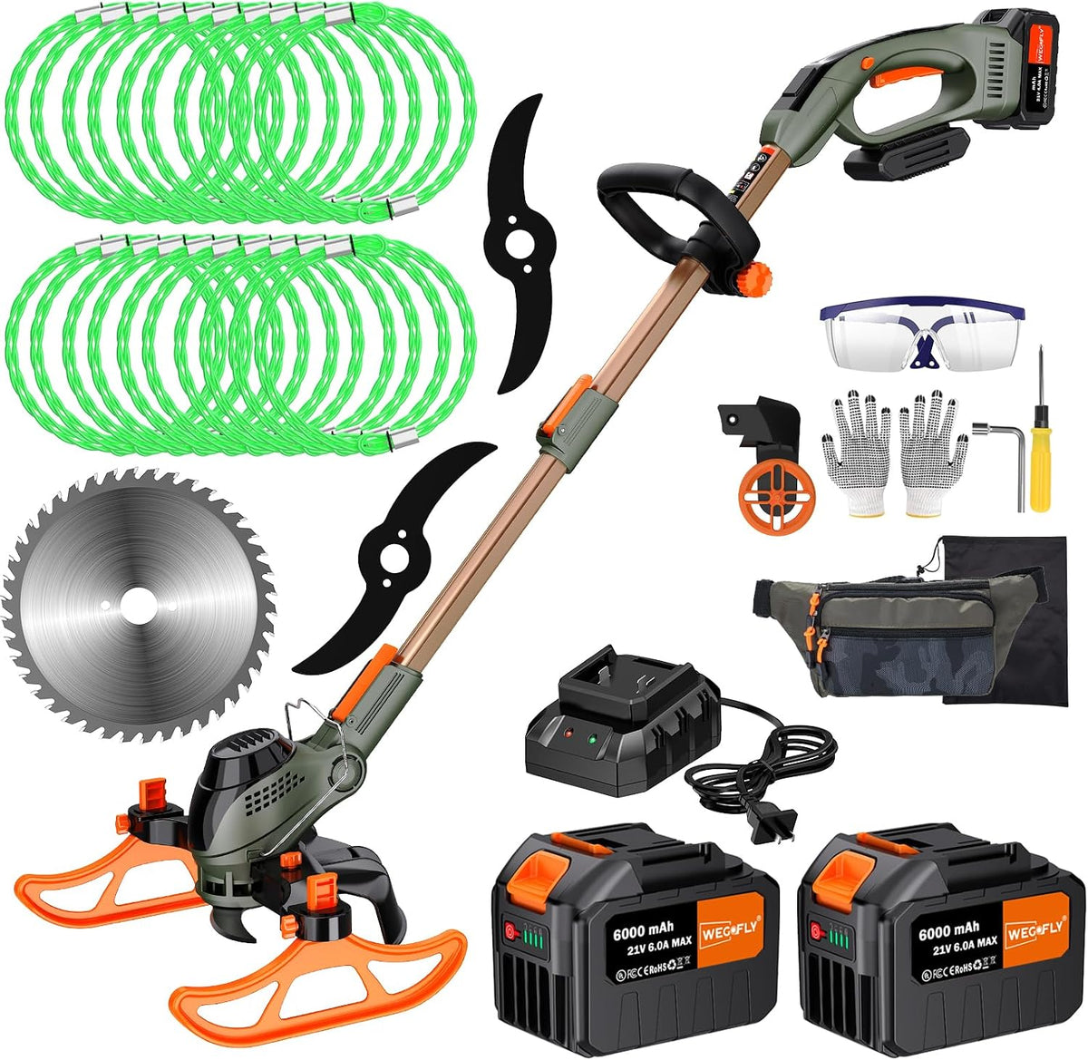 WeGofly 13 inch electric weed wacker front view displaying the multi functional cordless string trimmer design