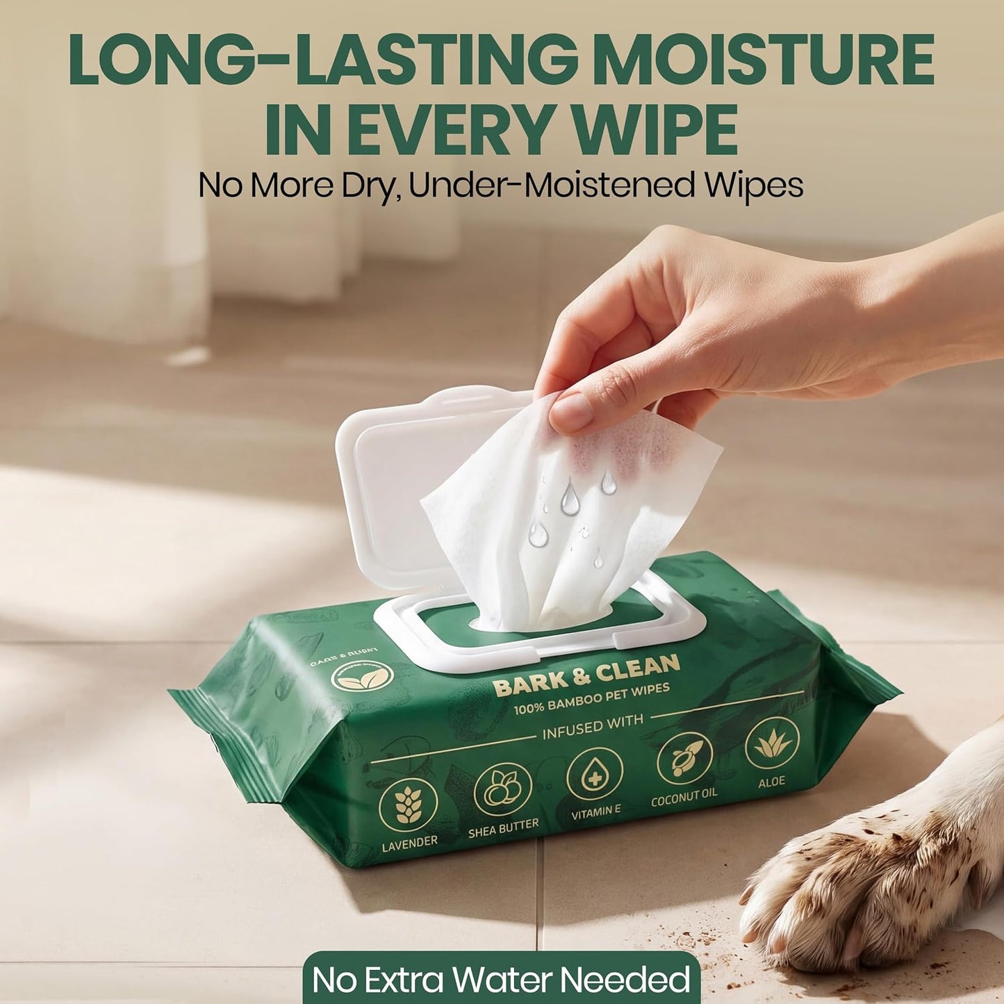 Close up of the lavender scented dog wipes package detailing the alcohol free formula.