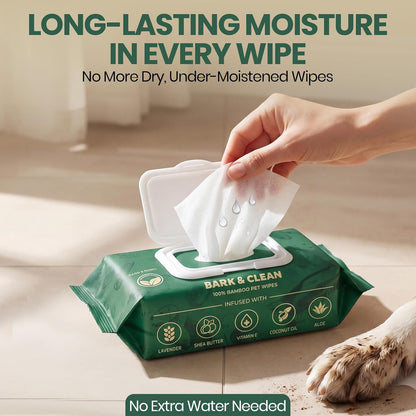 Close up of the lavender scented dog wipes package detailing the alcohol free formula.