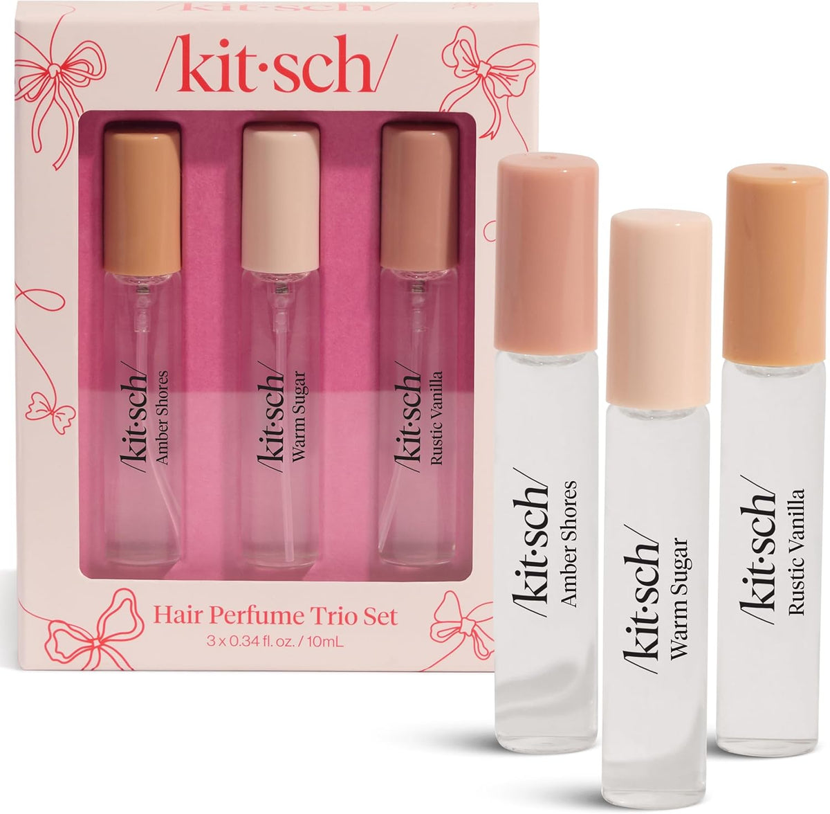 Kitsch hair perfume trio set front view with pink packaging