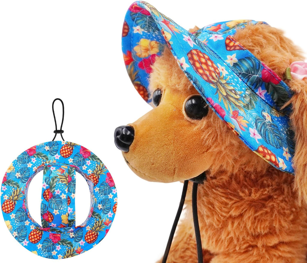 Dog Hat for Small Dogs with Ear Hole Round Brim Bucket Outdoor Sun Hat Protection Neck Strap Adjustable Pet Caps Puppy Doggy Cats Flower Hawaiian Flamingo Green S - Image 9