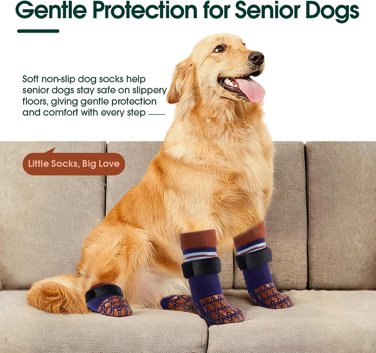 Side profile of dog wearing Kuoser traction socks