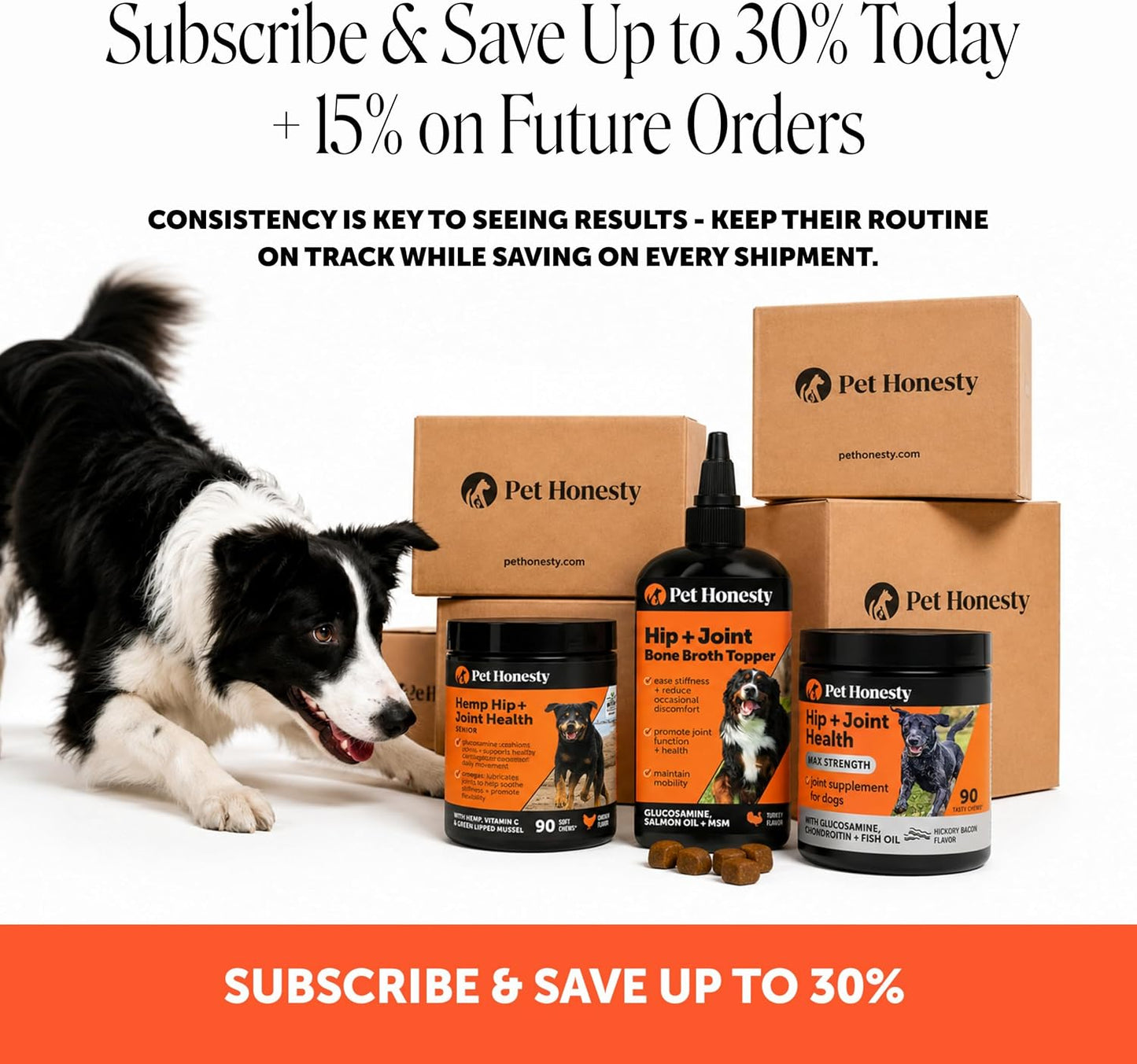 Pet Honesty premium pet supplements packaging demonstrating healthy cartilage support benefits