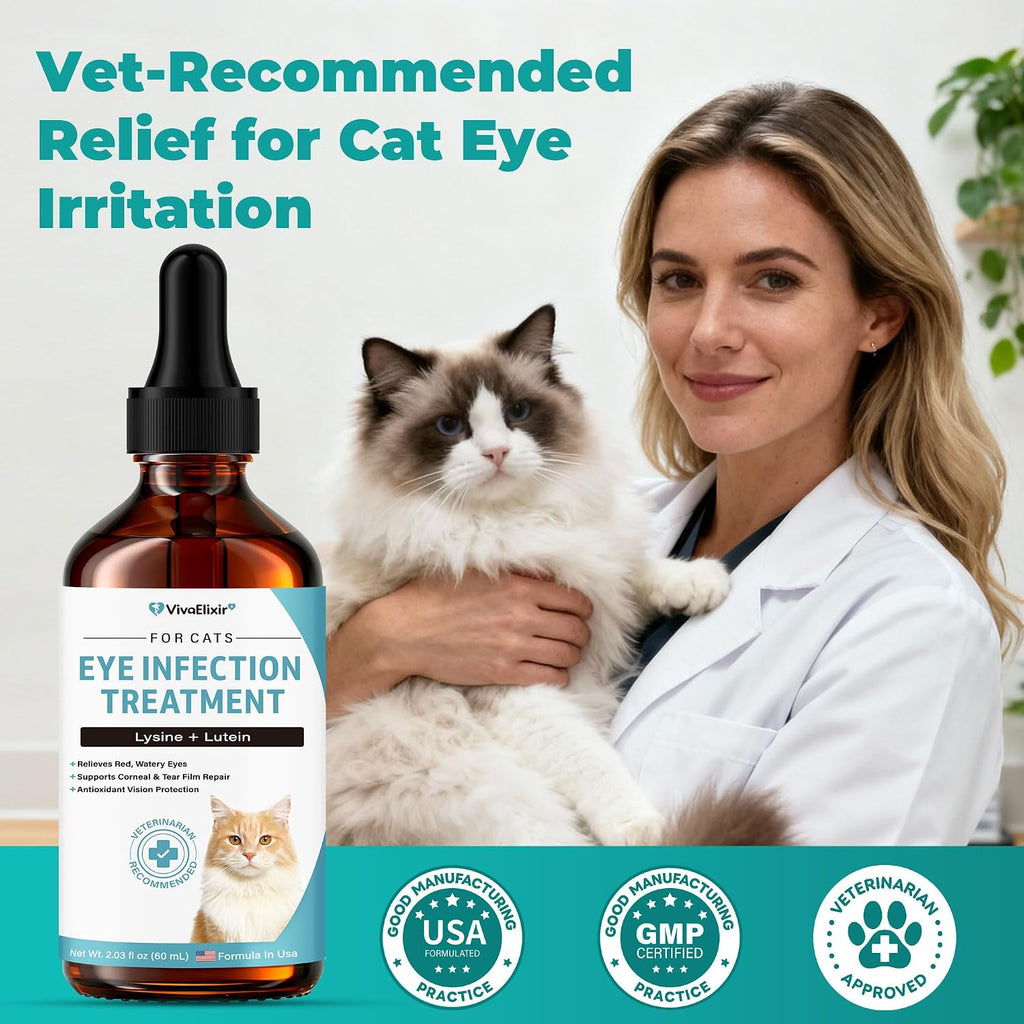 Authentic VivaElixir cat eye care liquid showing 2.03 fluid ounces packaging size