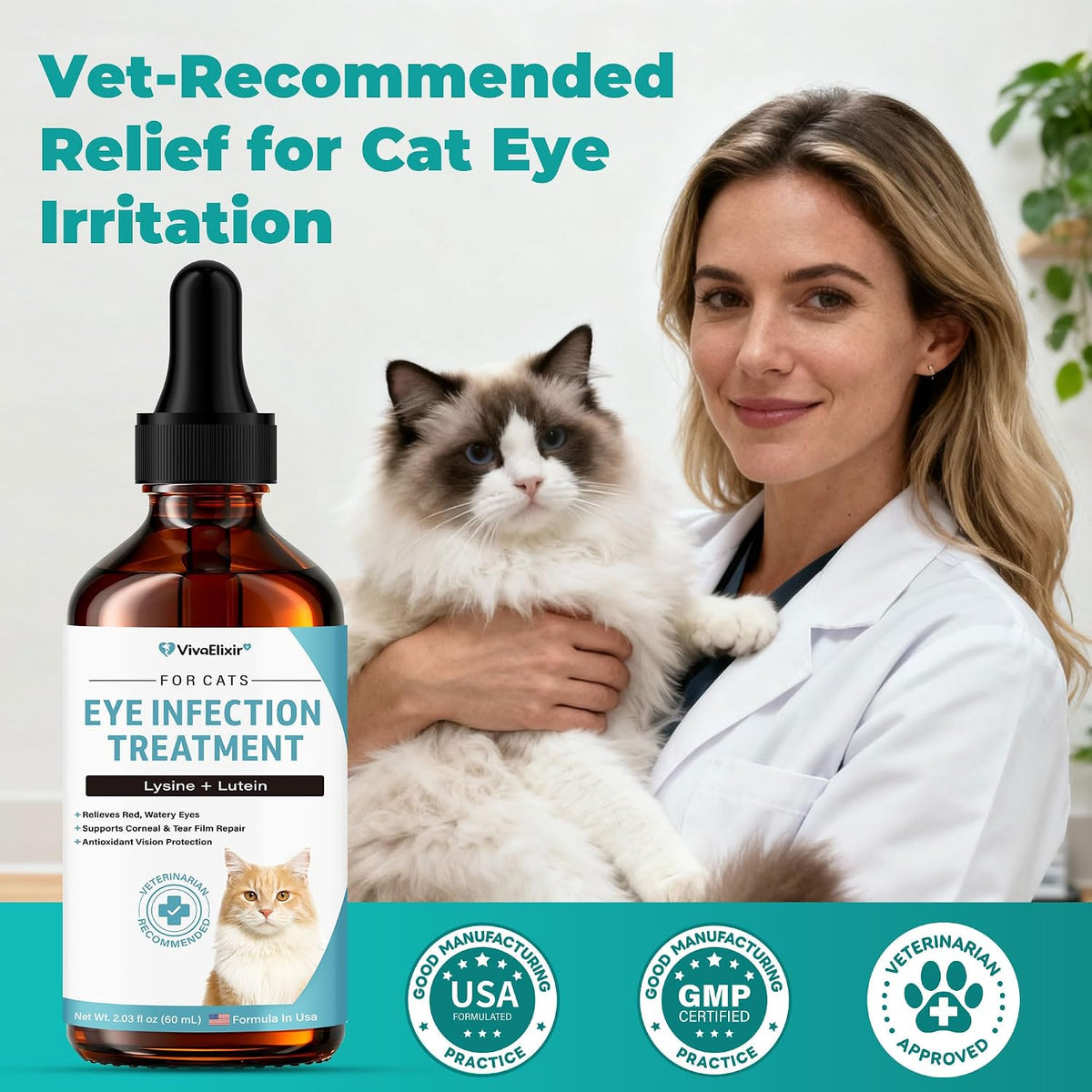 Authentic VivaElixir cat eye care liquid showing 2.03 fluid ounces packaging size