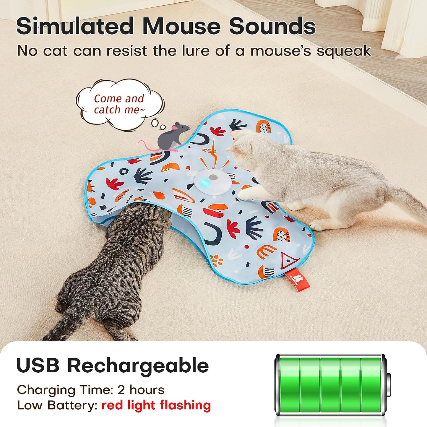 Potaroma indoor cat teaser showing the micro USB charging port location.