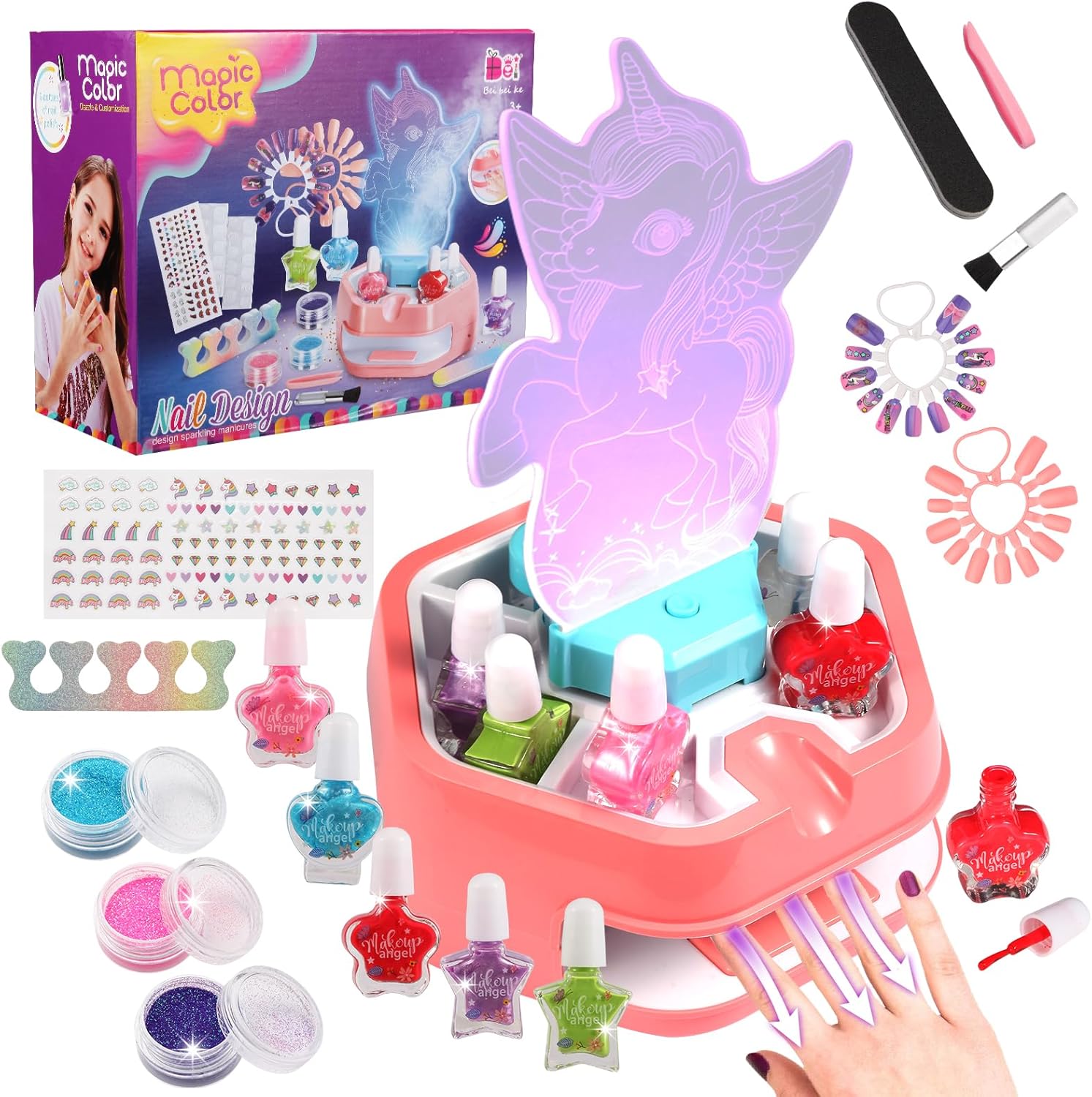 Fostro unicorn water based nail art kit with pink nail designs and dryer