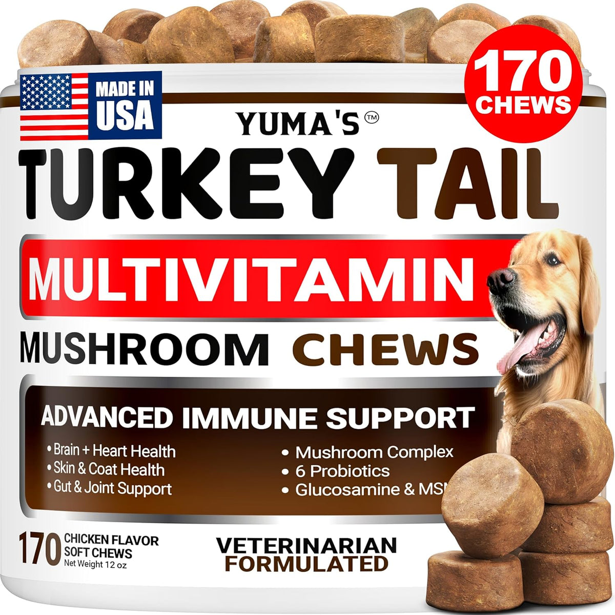 YUMA'S Turkey Tail Mushroom Supplement for Dogs 170 count bottle front view