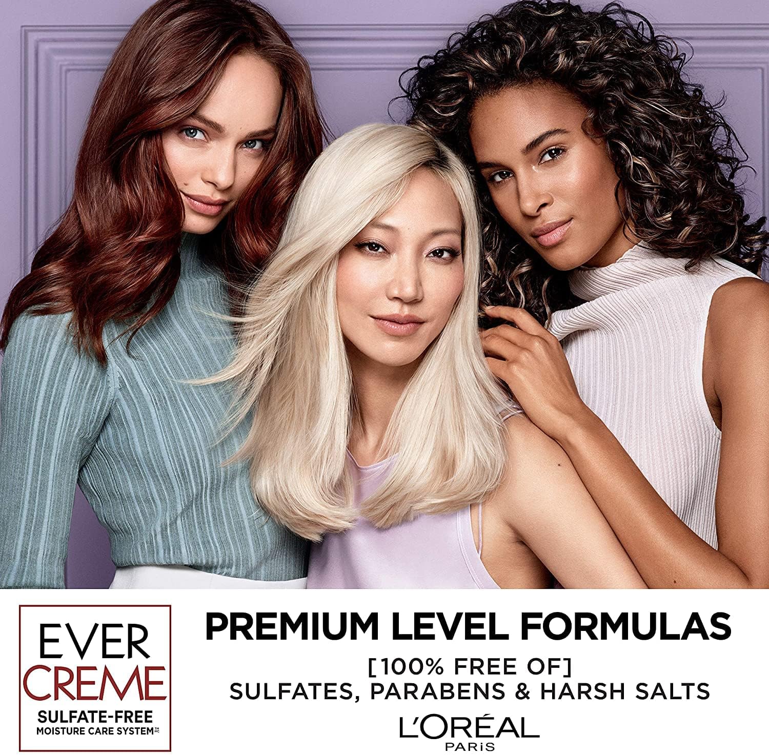L'Oreal Paris EverCreme shampoo bottles showcasing the 100 percent vegan and paraben free product badges.