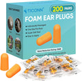 TICONN Foam Ear Plugs front view of the two hundred pairs bulk packaging box with orange earplugs