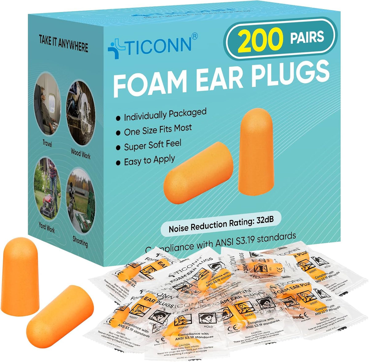 TICONN Foam Ear Plugs front view of the two hundred pairs bulk packaging box with orange earplugs