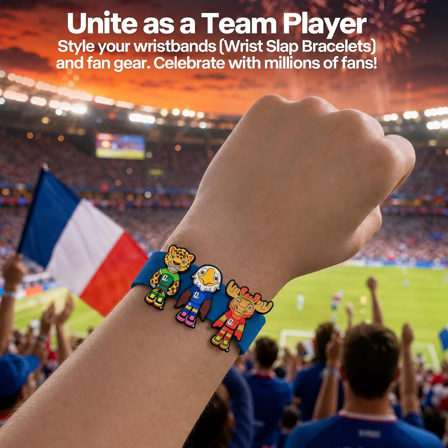 Flexible silicone World Cup mascot charms being threaded onto a human shoelace and a pet walking harness.