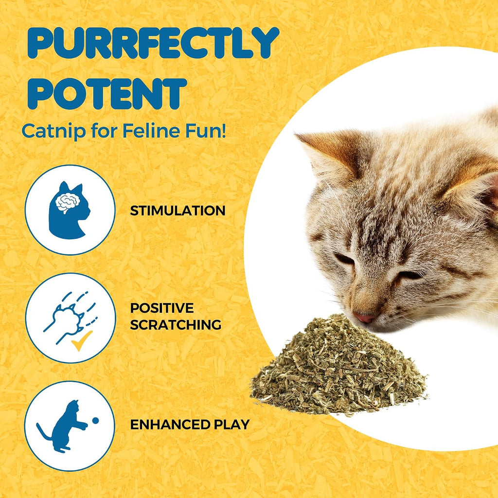 Premium catnip flakes sprinkled on a wooden cat scratching post