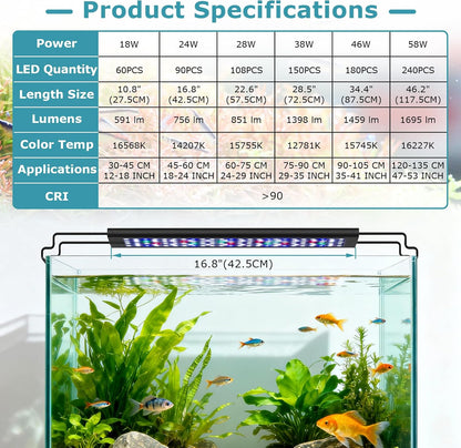 Hygger full spectrum fish tank light showing the extendable brackets adjusted on an 18 inch aquarium