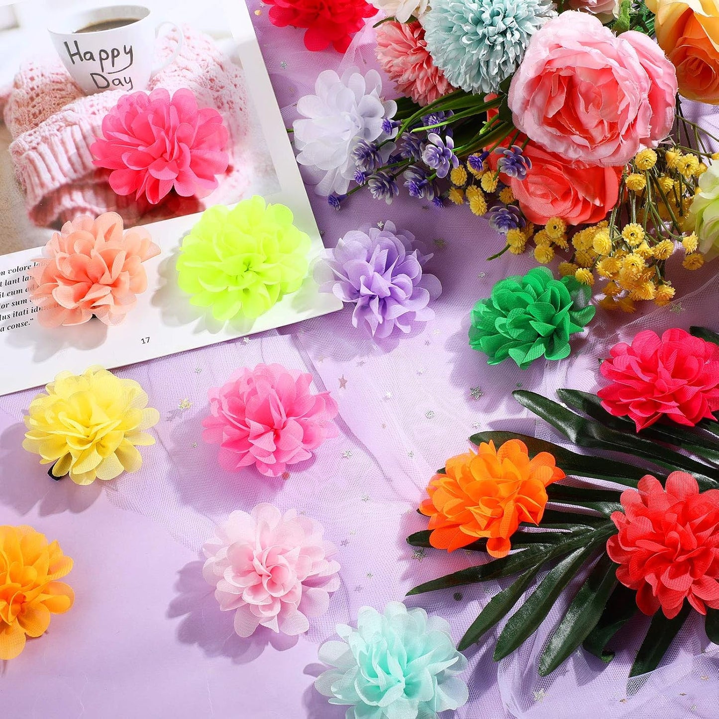 Assorted collection of thirty multi colored pet bow ties arranged neatly to display color choices