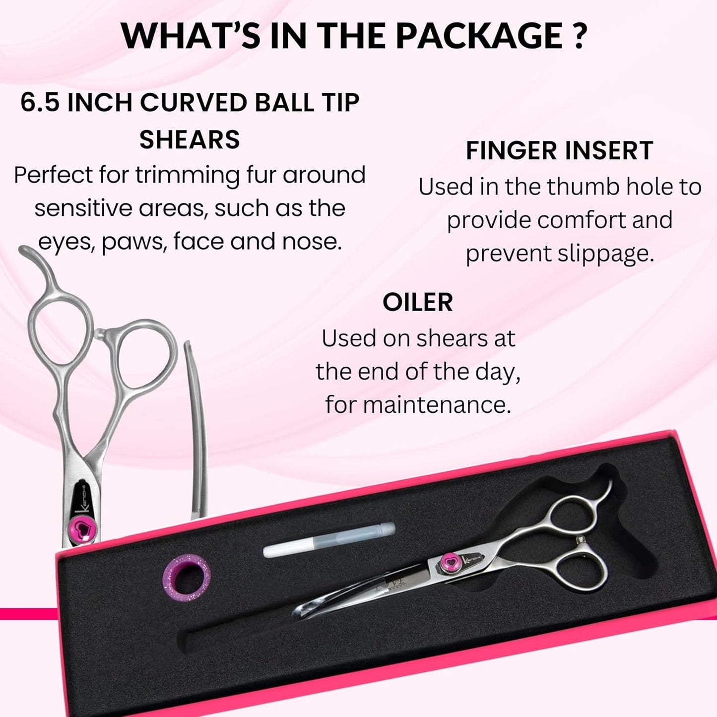 Premium Japanese alloy steel dog shears with the heart shaped gem accent on the pivot.