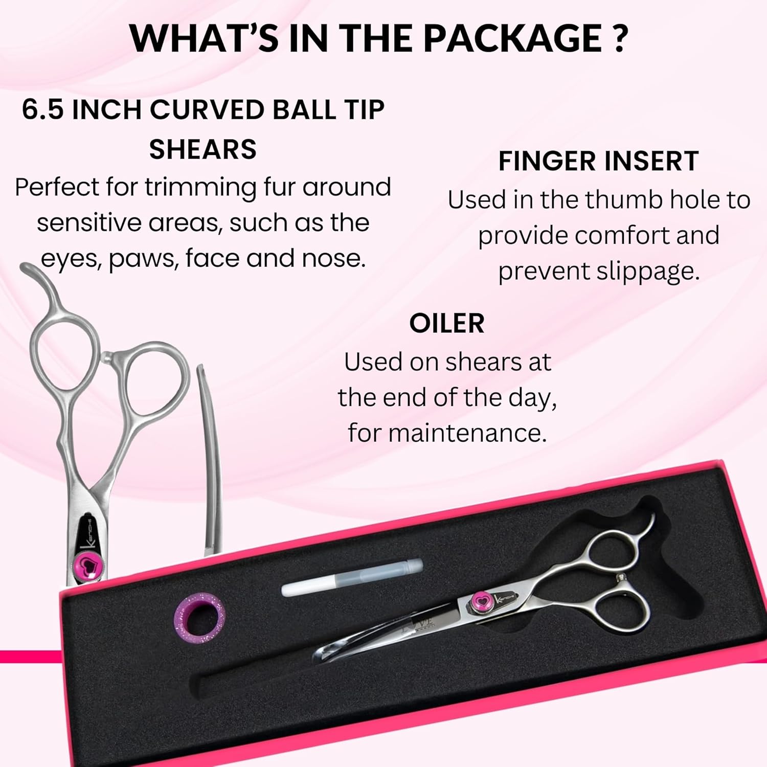 Premium Japanese alloy steel dog shears with the heart shaped gem accent on the pivot.